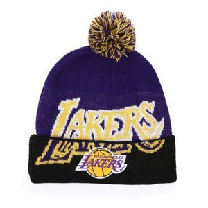 Los Angeles Lakers Double Take Pom Knit Beanie Hwc by Mitchell & Ness New